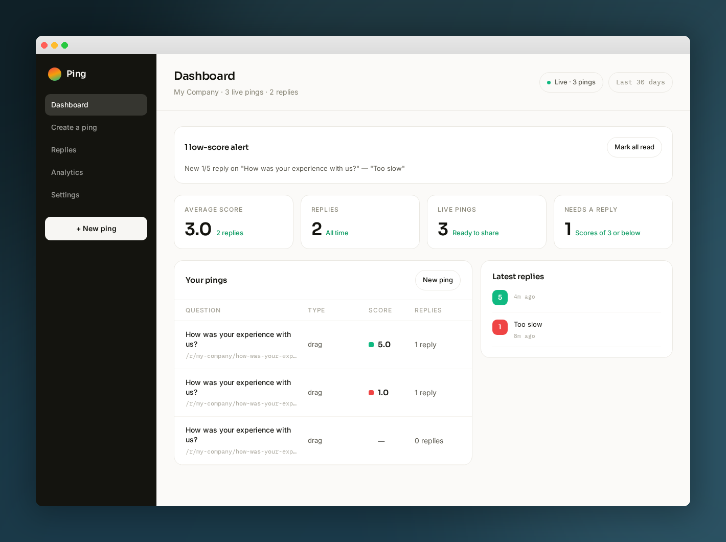 Ping dashboard showing live pings, average score, and latest replies